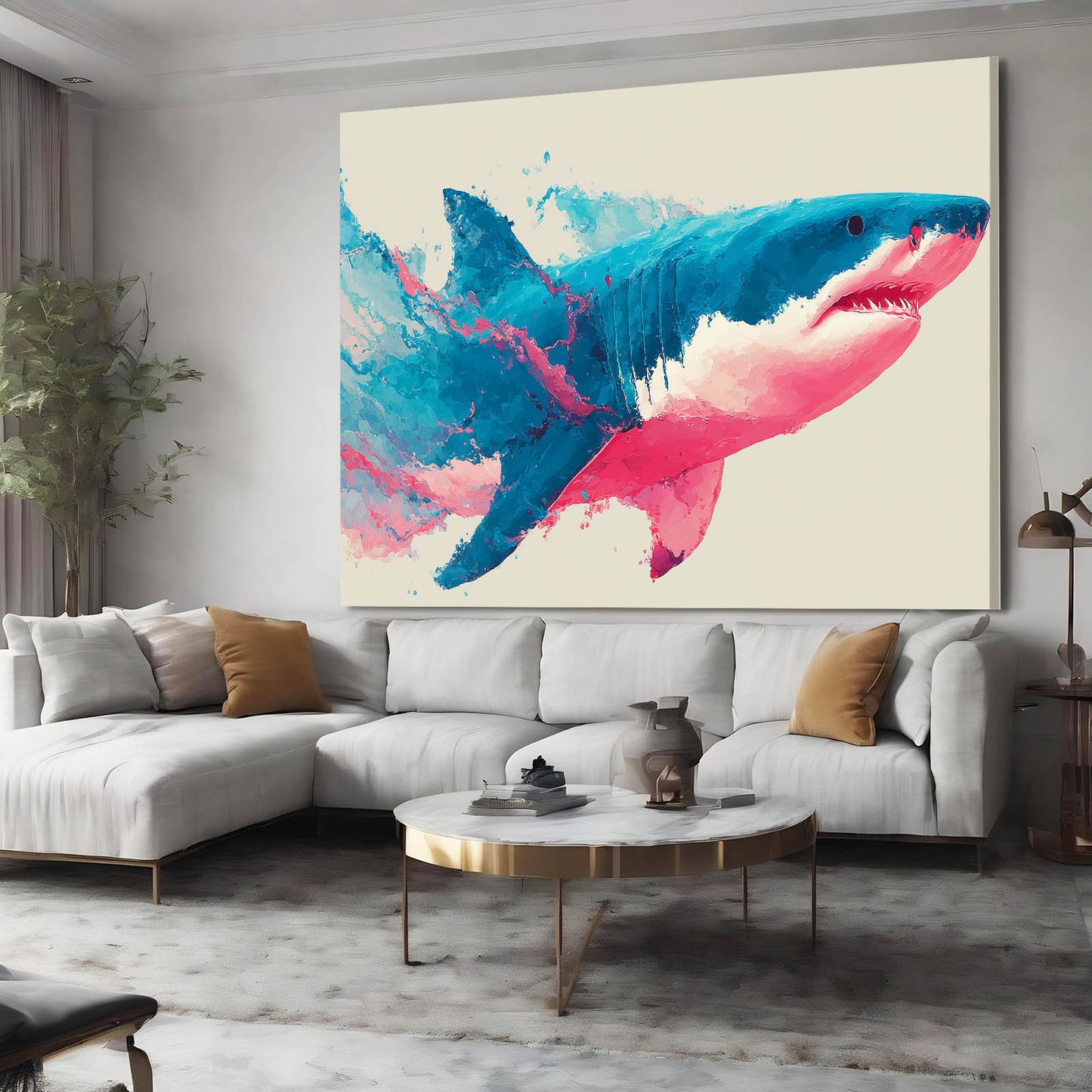 Pink and Teal Watercolor Shark Art – styled in a furnished interior