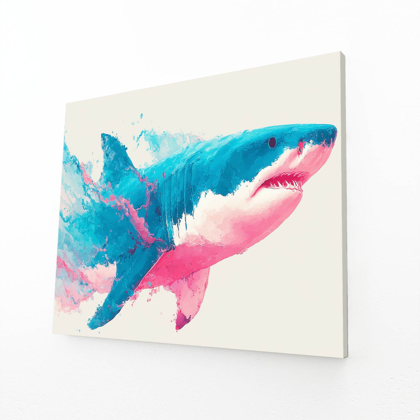 Pink and Teal Watercolor Shark Art – angled canvas view on white background