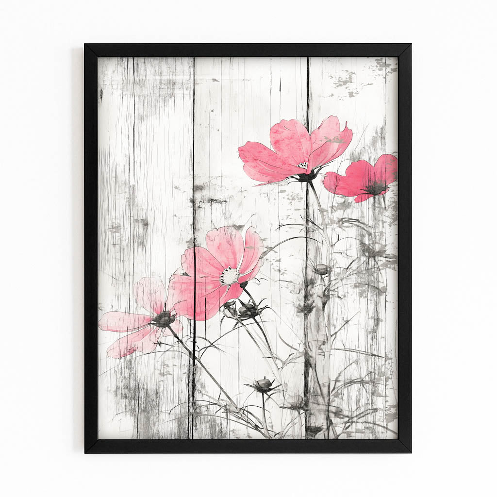 Pink Blossoms Wood Plank Farmhouse Canvas – with Premium Black frame on white background