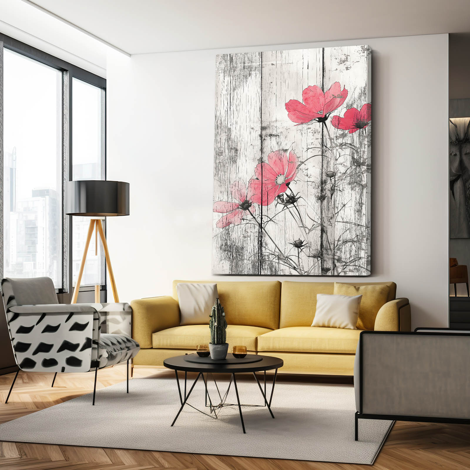 Pink Blossoms Wood Plank Farmhouse Canvas – styled in a furnished interior