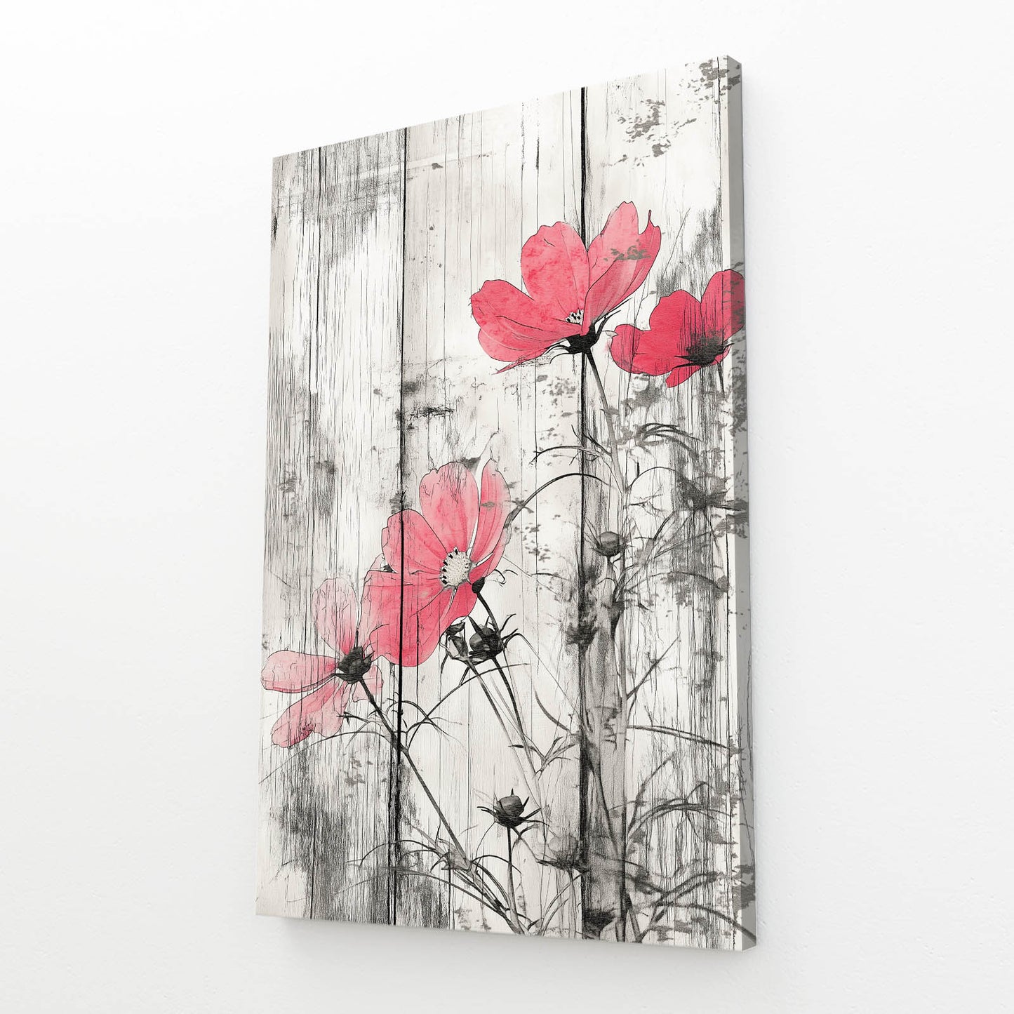 Pink Blossoms Wood Plank Farmhouse Canvas – angled canvas view on white background