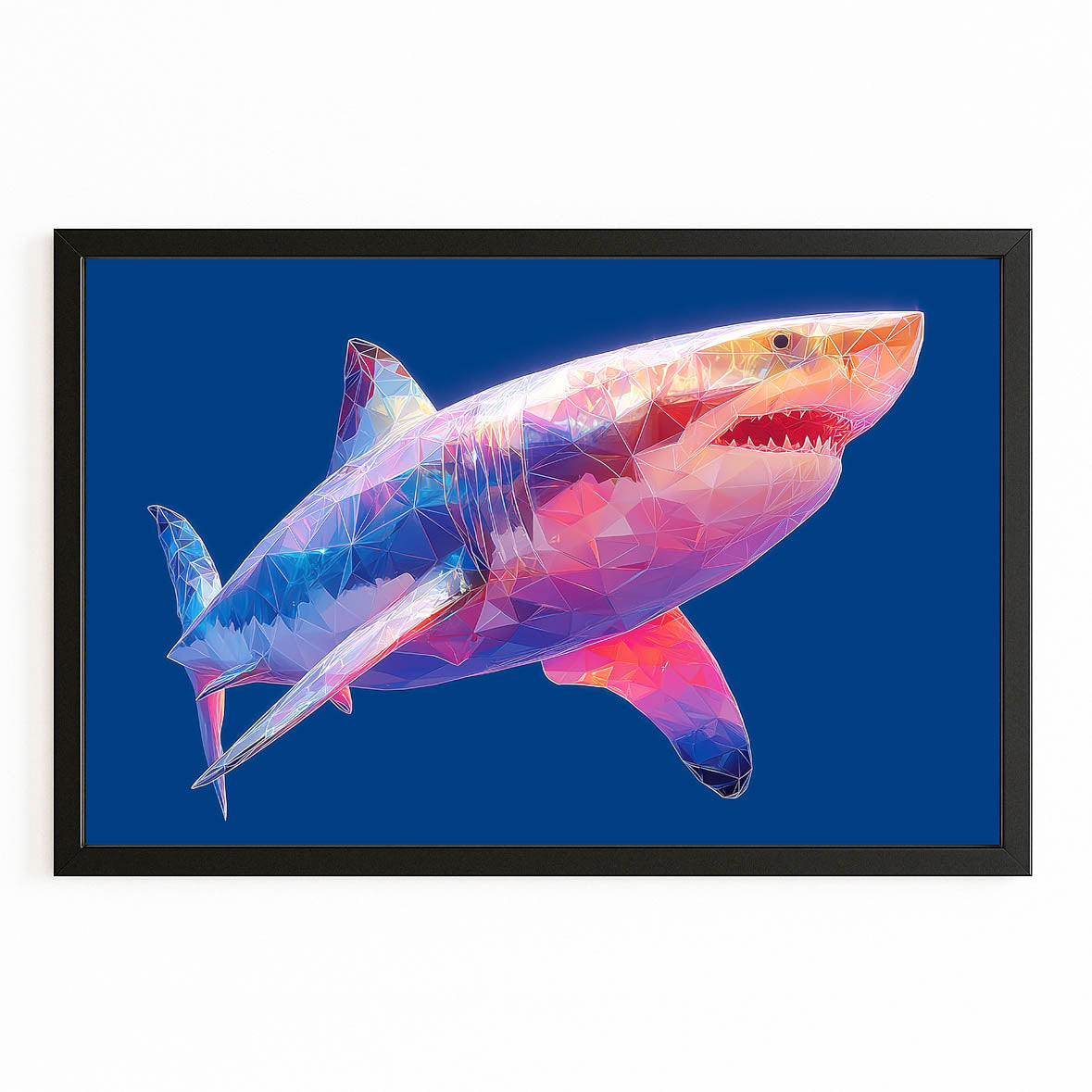 Pink Blue Geometric Shark Canvas Art – with Premium Black frame on white background