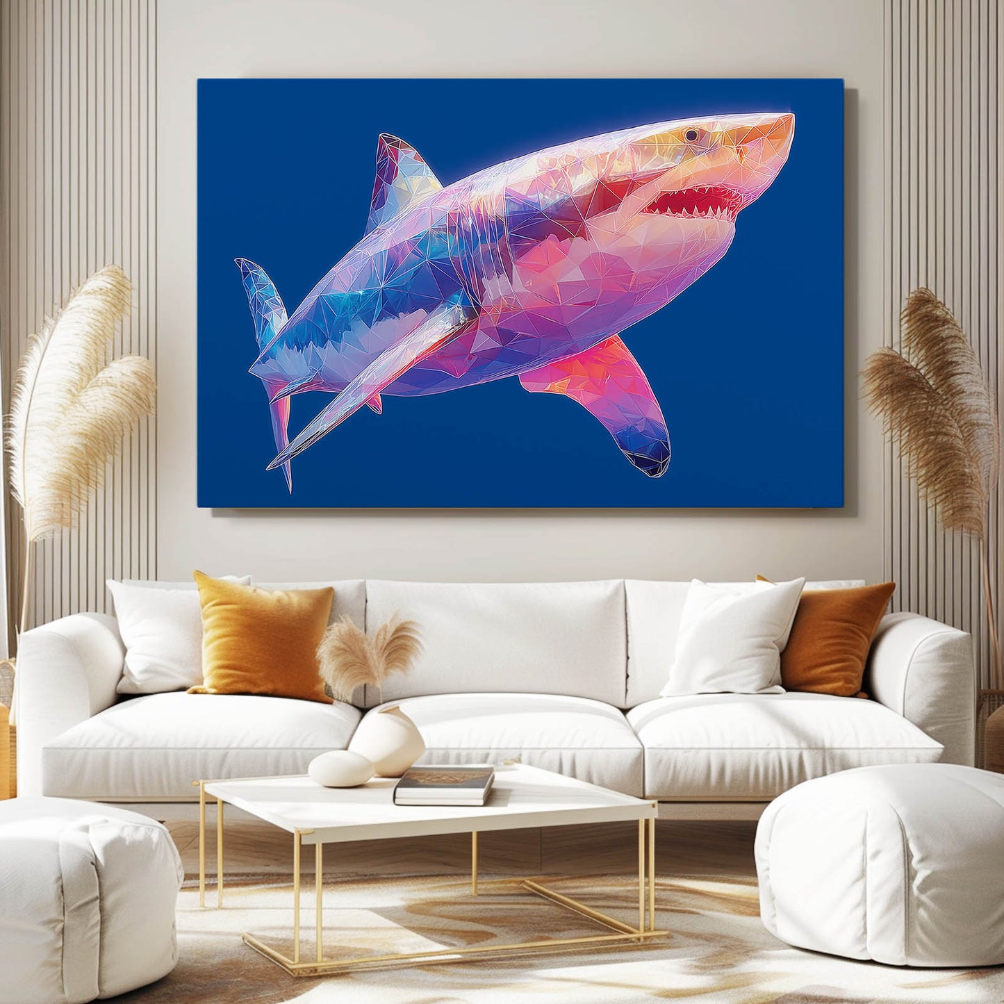 Pink Blue Geometric Shark Canvas Art – styled in a furnished interior