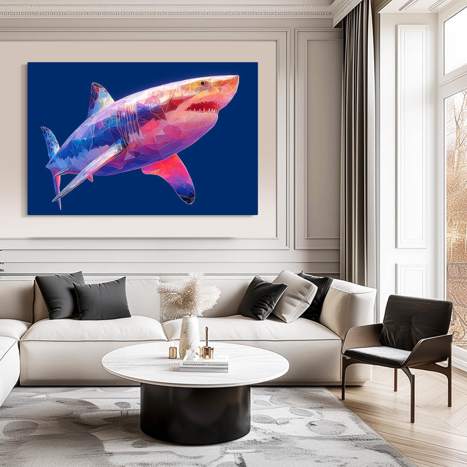 Pink Blue Geometric Shark Canvas Art – styled in a furnished interior