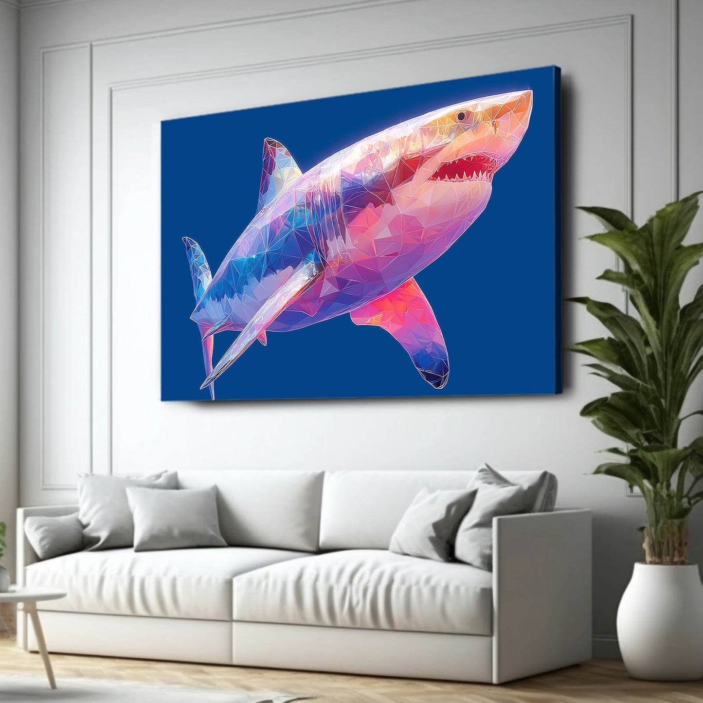 Pink Blue Geometric Shark Canvas Art – styled in a furnished interior