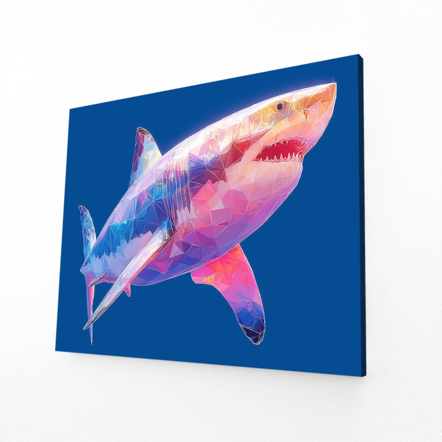 Pink Blue Geometric Shark Canvas Art – angled canvas view on white background