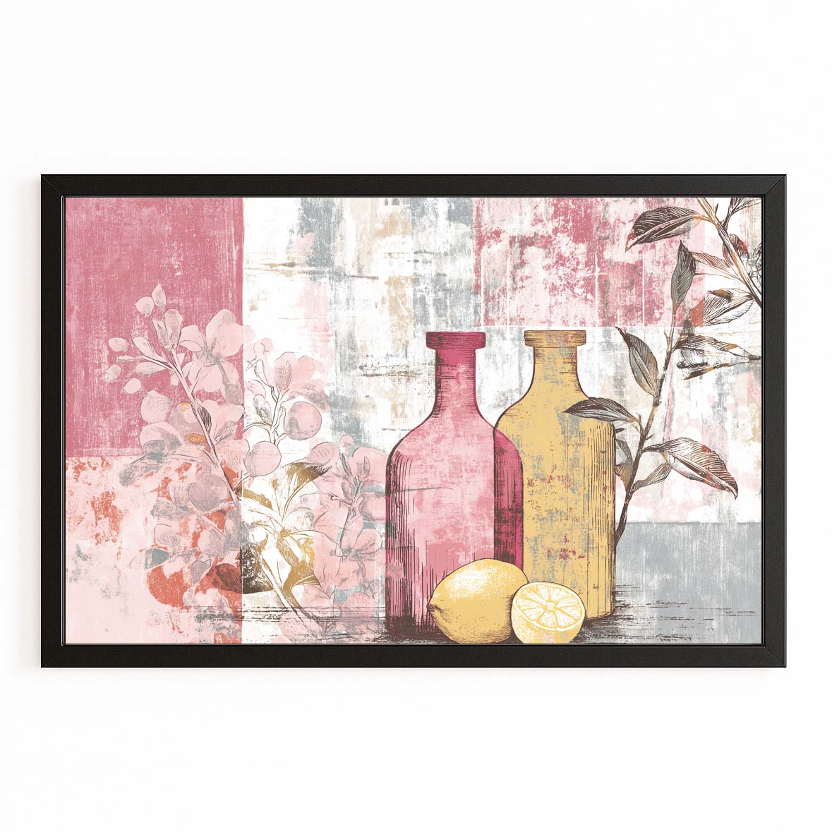 Pink Bottle Collage Farmhouse Canvas – with Premium Black frame on white background