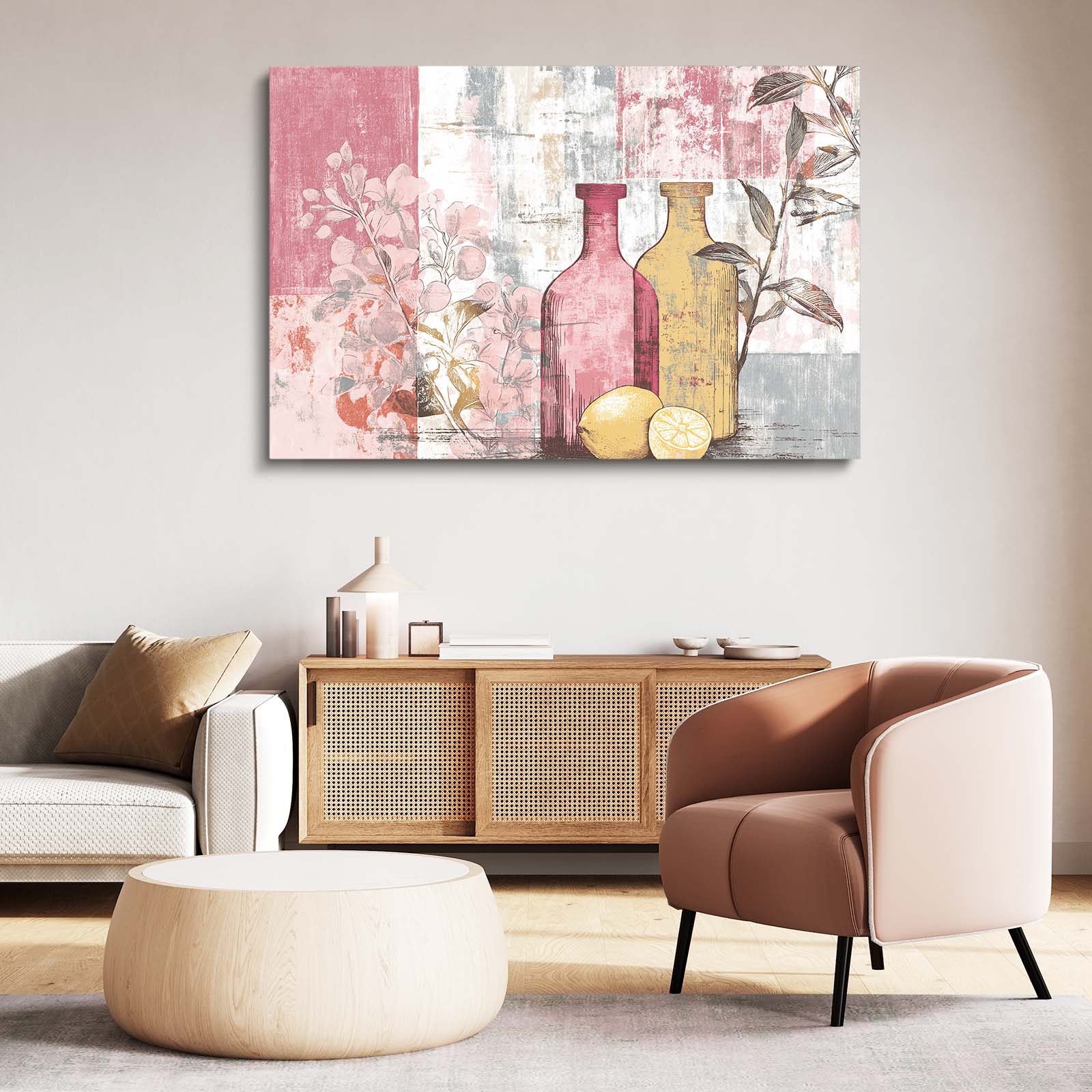 Pink Bottle Collage Farmhouse Canvas – styled in a furnished interior