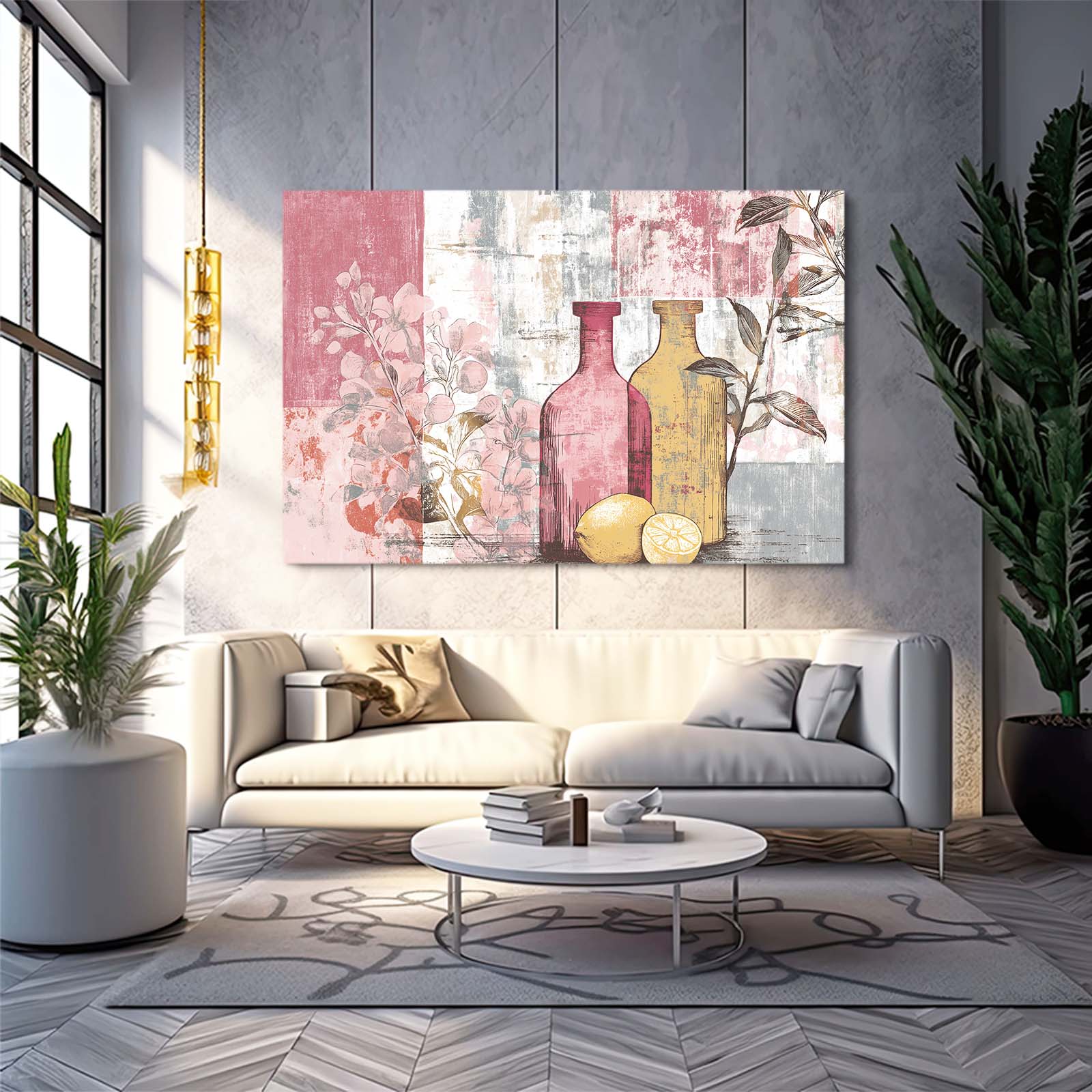 Pink Bottle Collage Farmhouse Canvas – styled in a furnished interior