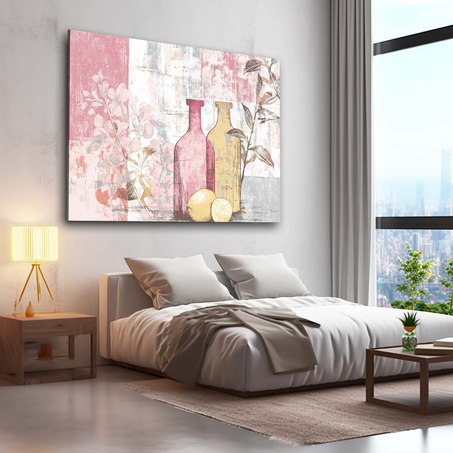Pink Bottle Collage Farmhouse Canvas – styled in a furnished interior