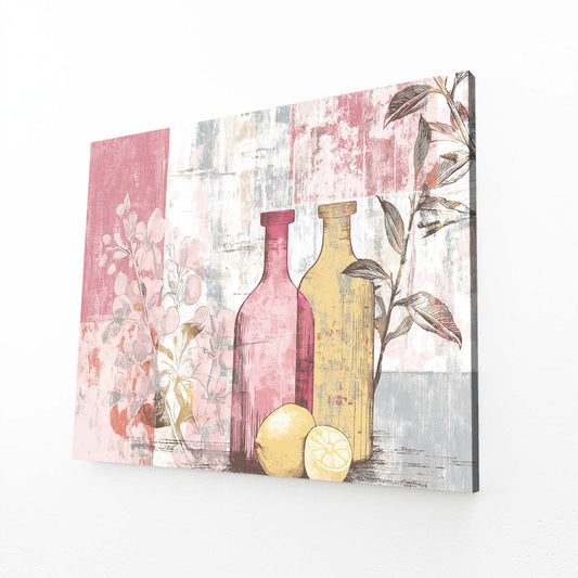 Pink Bottle Collage Farmhouse Canvas – angled canvas view on white background