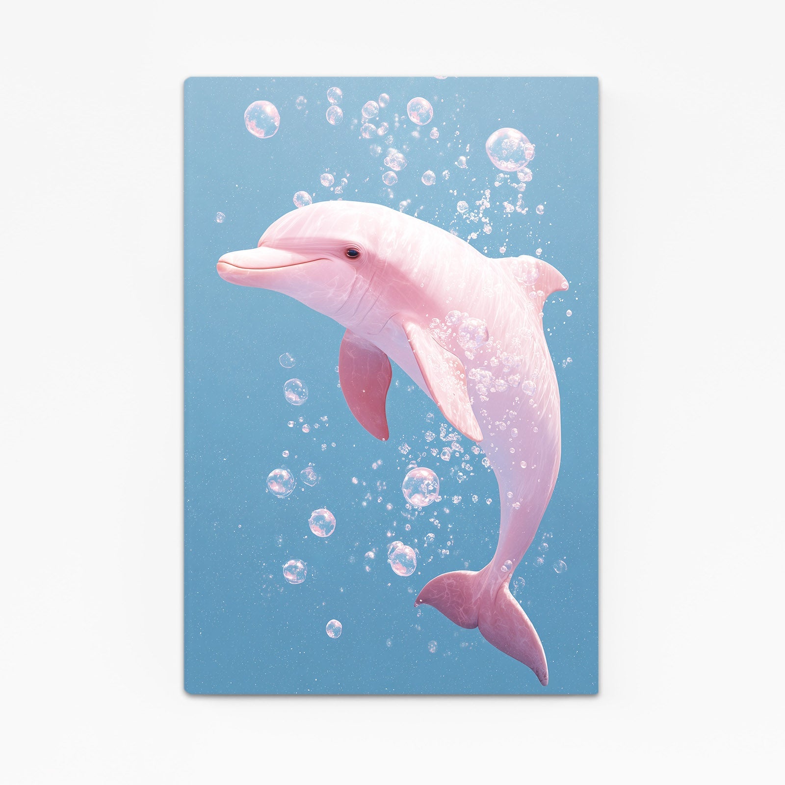 Pink Bubbles Dolphin Wall Art – pink dolphin leaping among shiny bubbles on a slate blue background