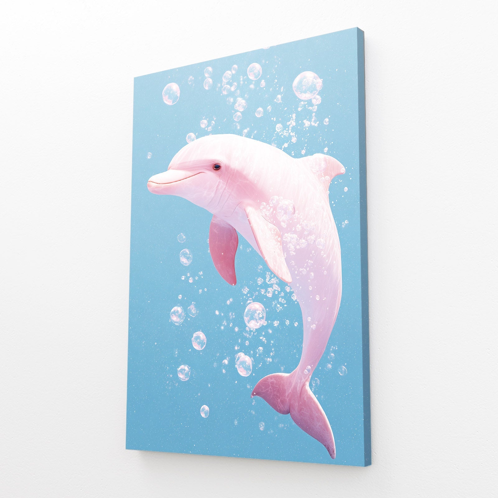 Pink Bubbles Dolphin Wall Art – angled canvas view on white background