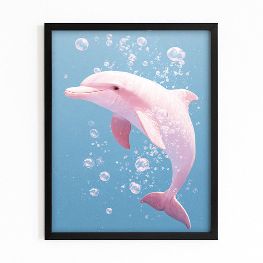 Pink Bubbles Dolphin Wall Art – with Premium Black wood frame on white background