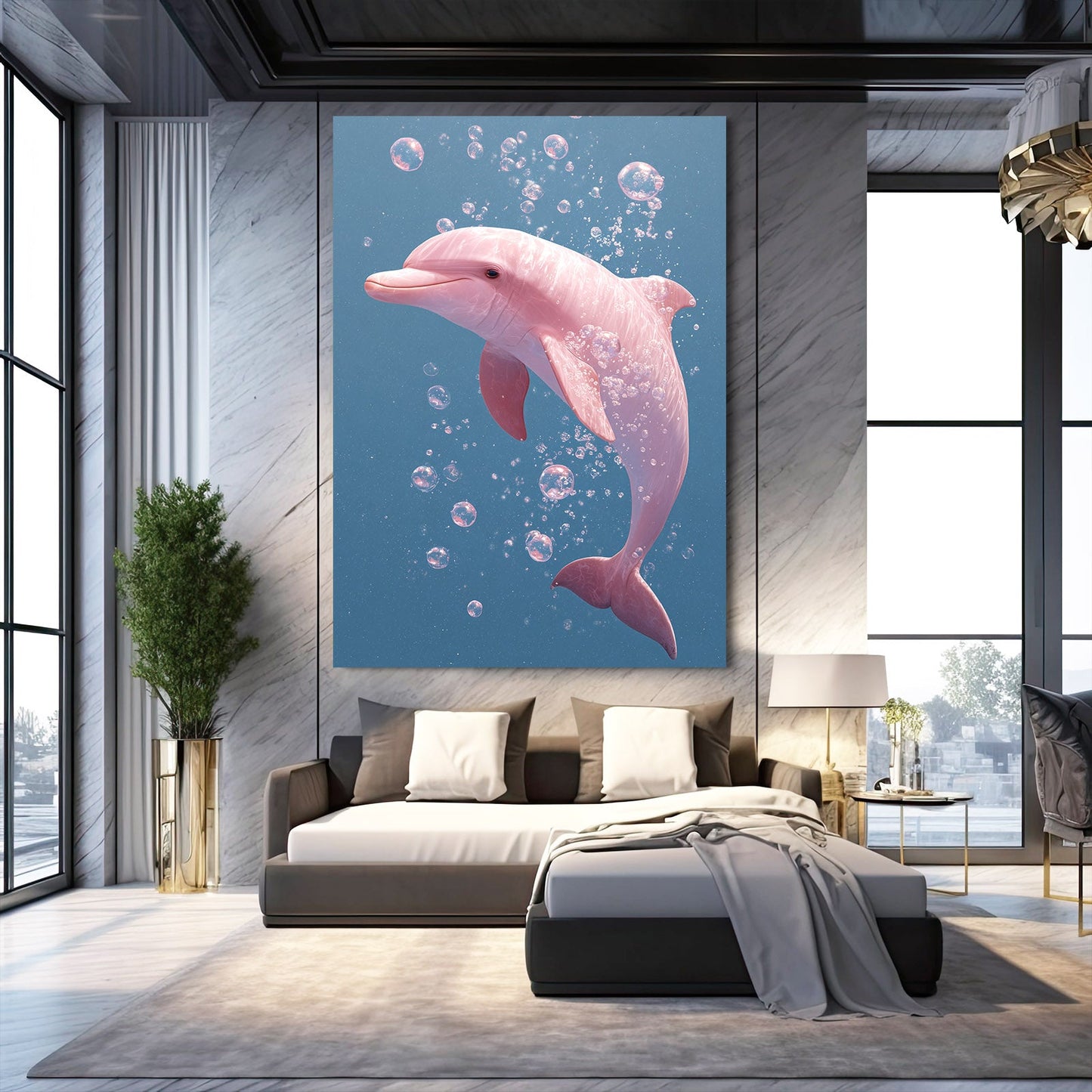 Pink Bubbles Dolphin Wall Art – styled in a furnished interior