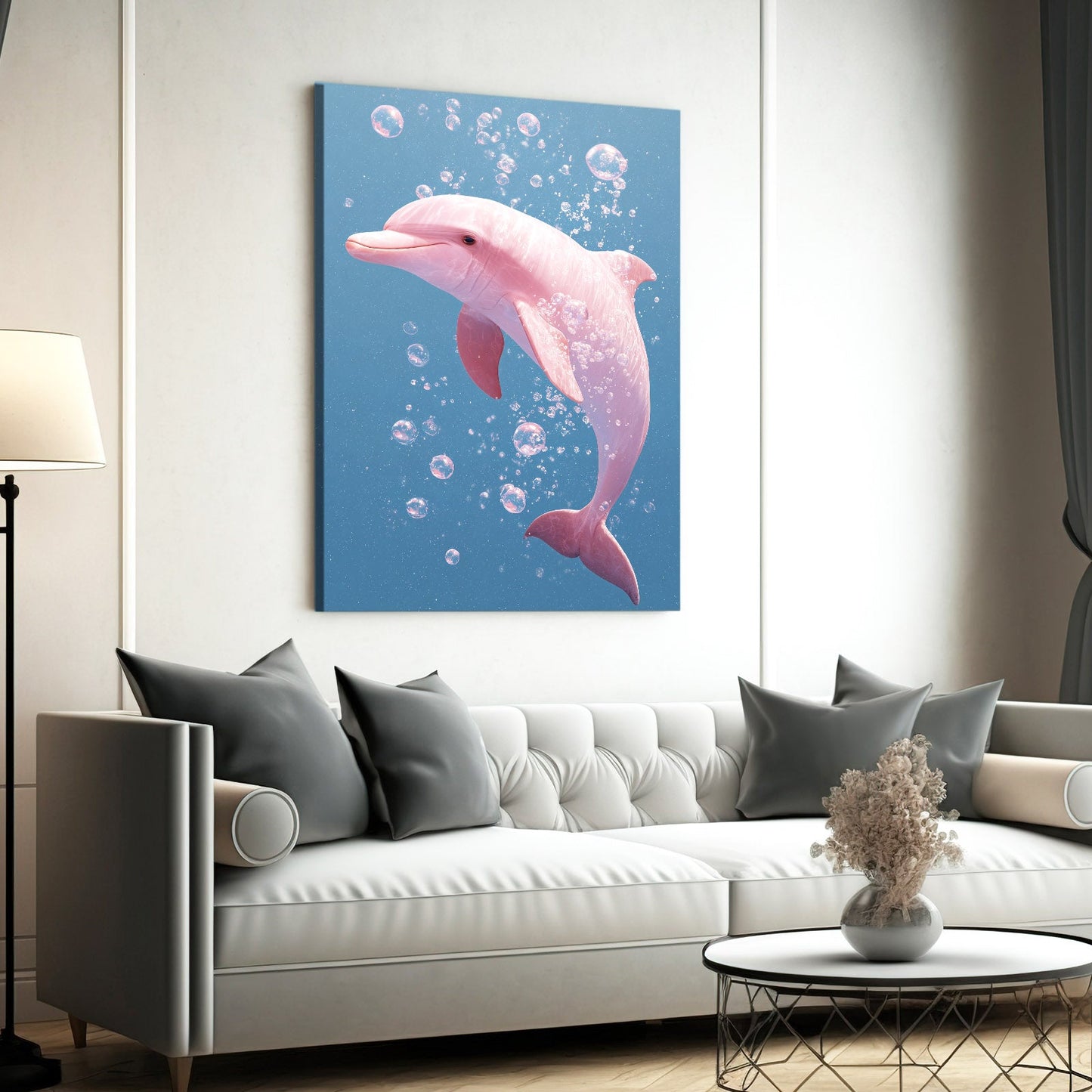 Pink Bubbles Dolphin Wall Art – styled in a furnished interior