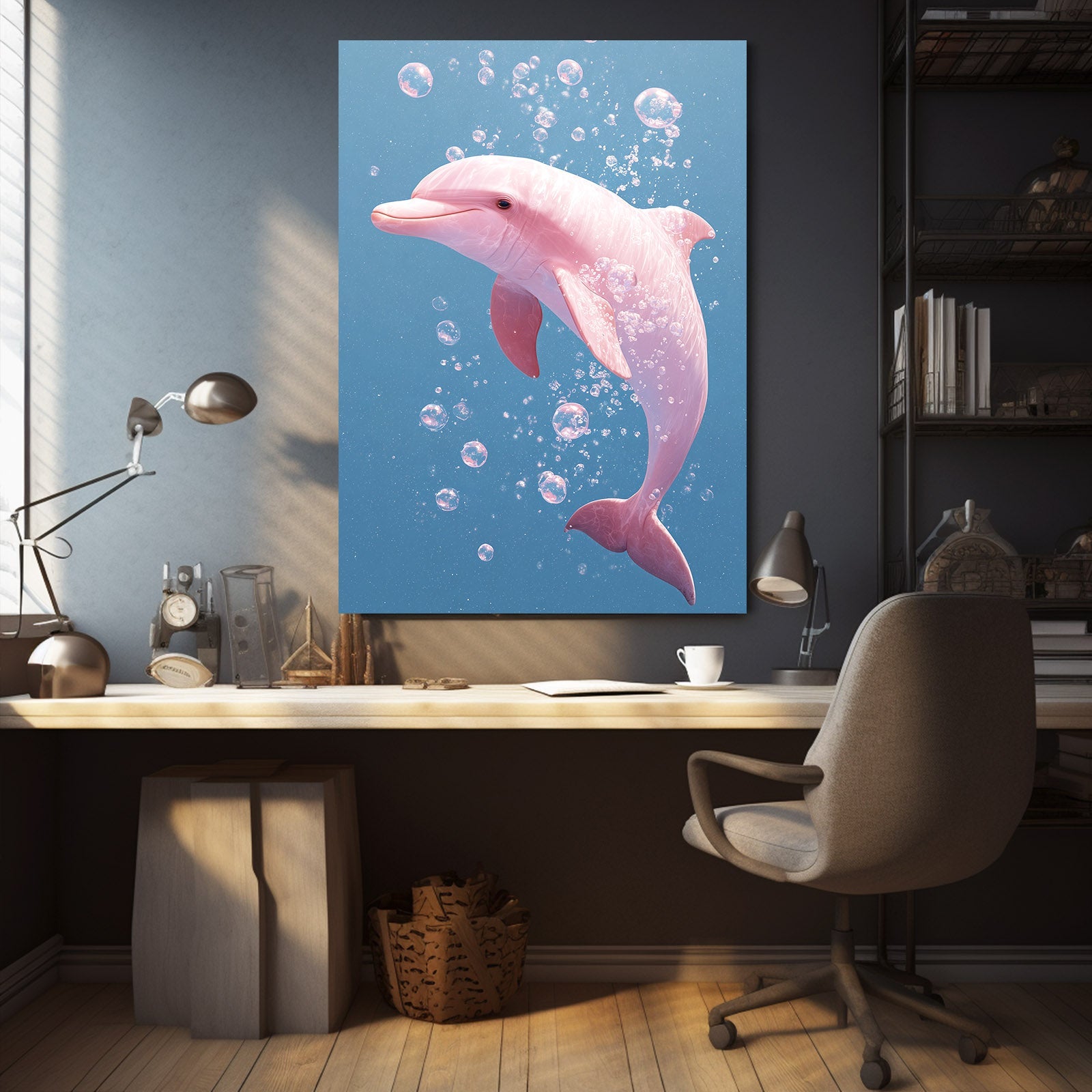Pink Bubbles Dolphin Wall Art – styled in a furnished interior