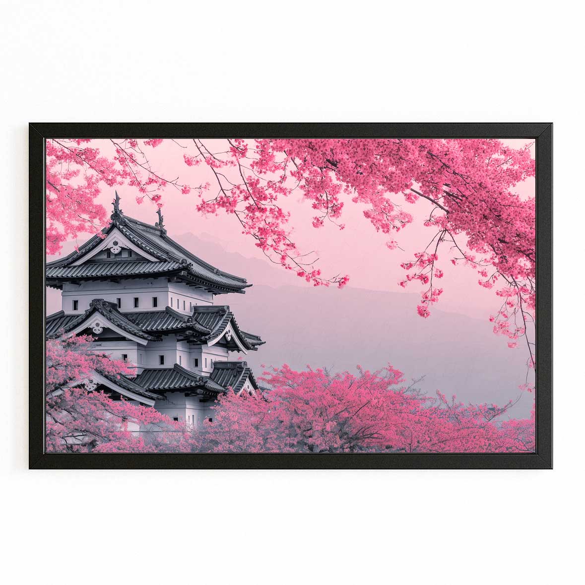 Pink Castle Grove Cherry Blossom Prints – with Premium Black frame on white background