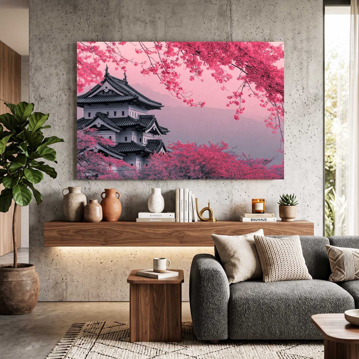 Pink Castle Grove Cherry Blossom Prints – styled in a furnished interior
