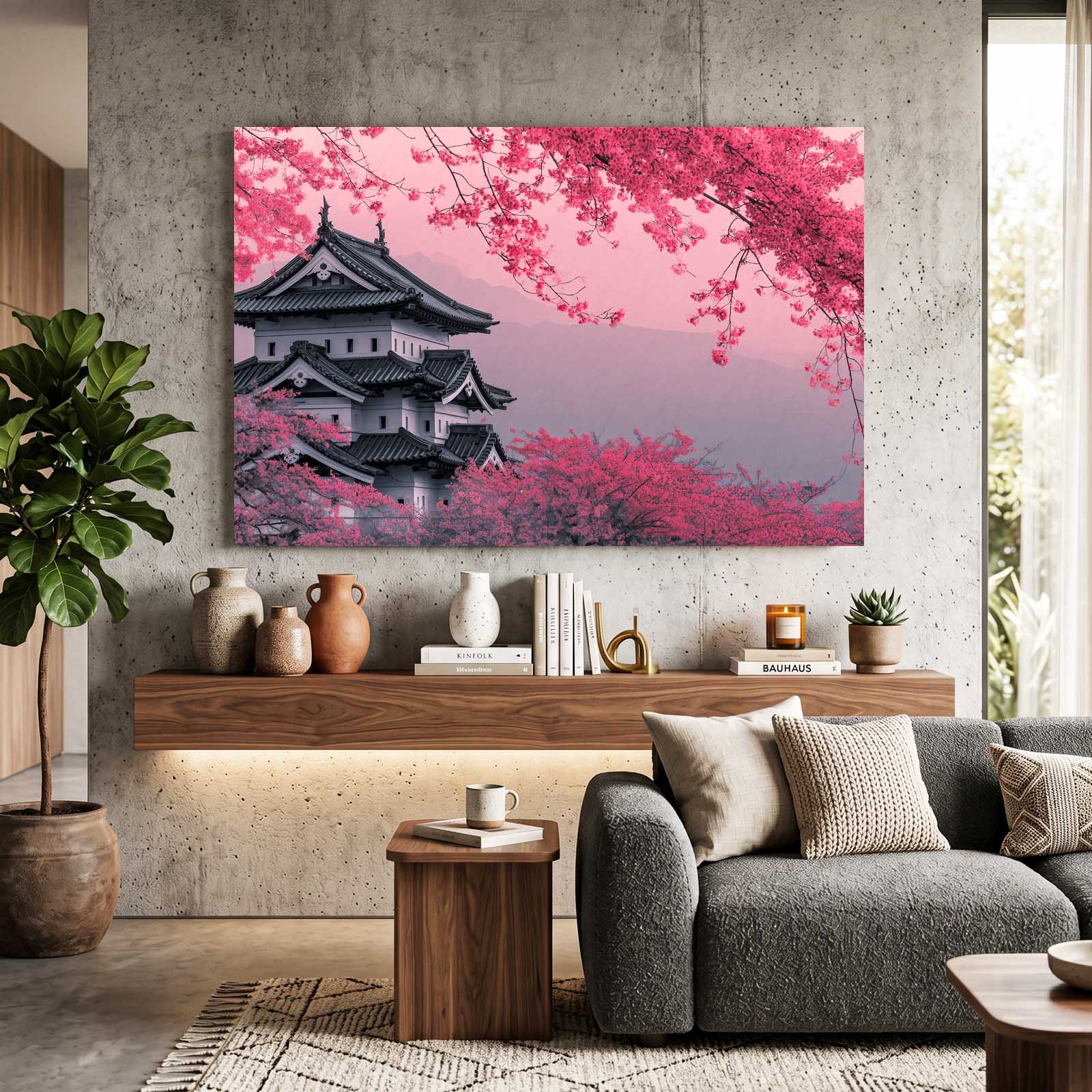 Pink Castle Grove Cherry Blossom Prints – styled in a furnished interior