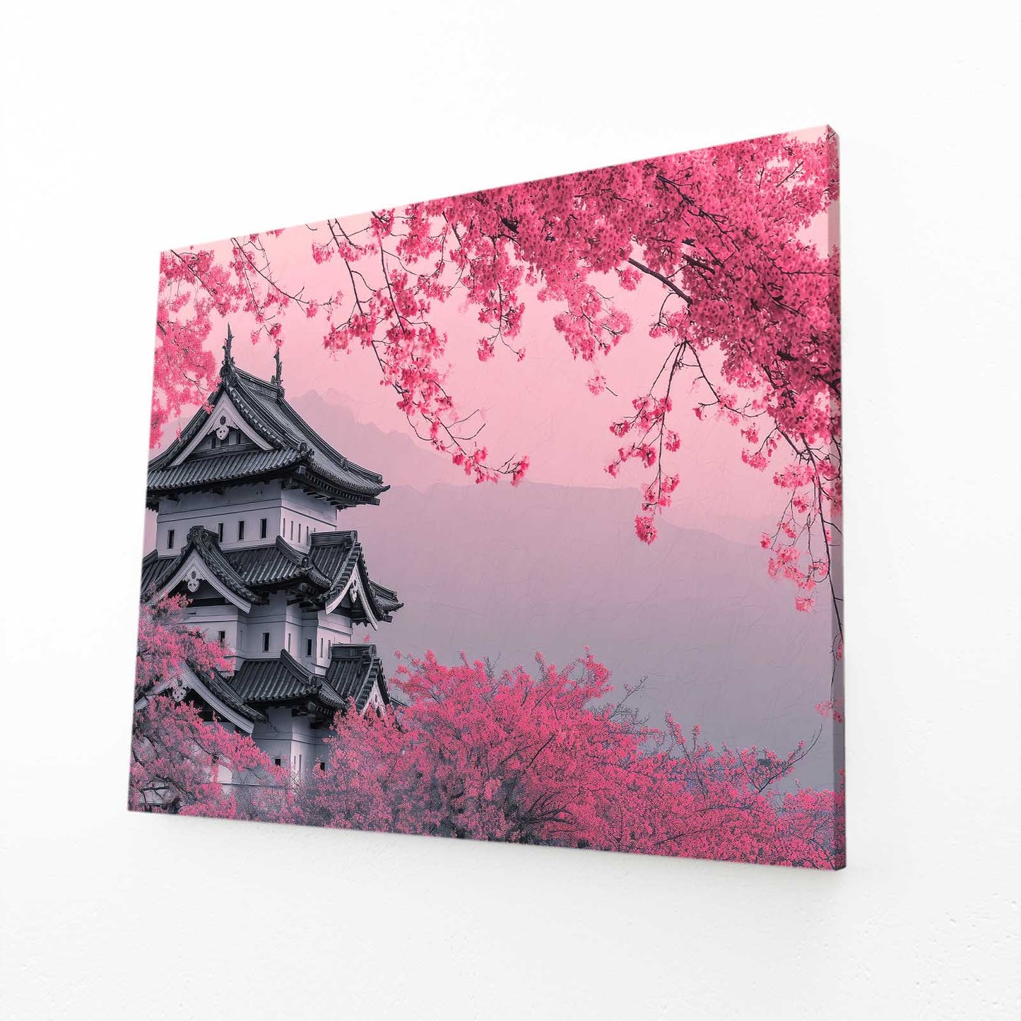 Pink Castle Grove Cherry Blossom Prints – angled canvas view on white background
