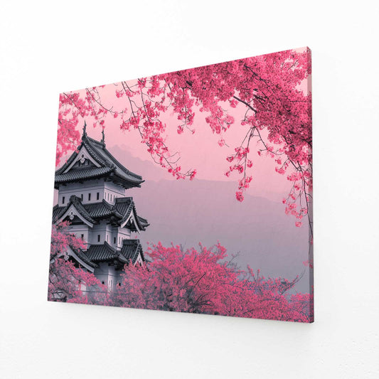 Pink Castle Grove Cherry Blossom Prints – angled canvas view on white background