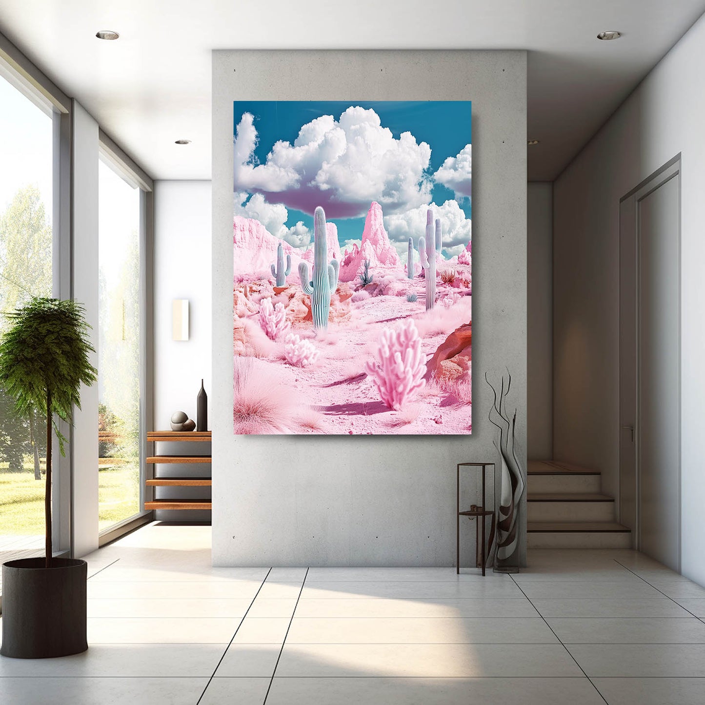 Pink Cloud Desert Cactus Canvas Art – styled in a furnished interior