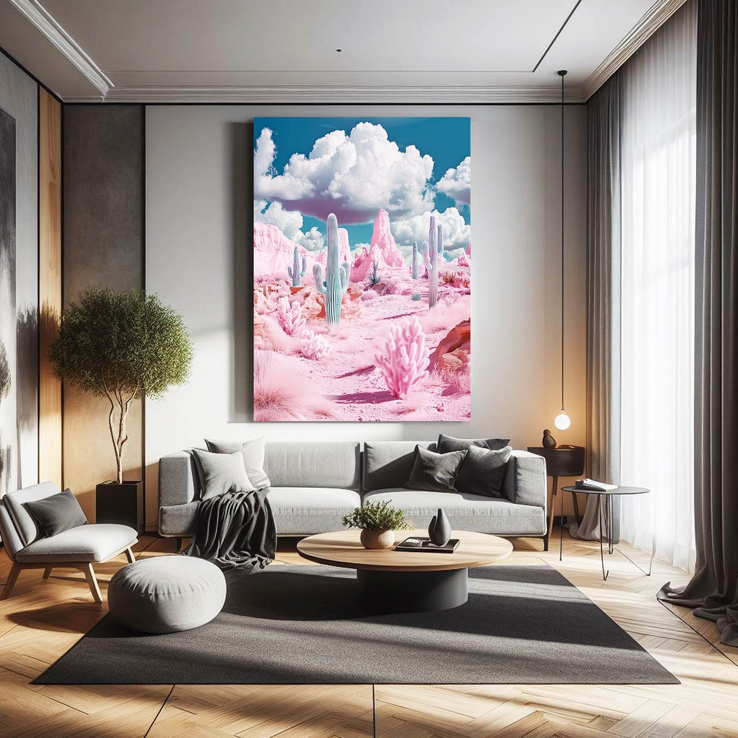 Pink Cloud Desert Cactus Canvas Art – styled in a furnished interior