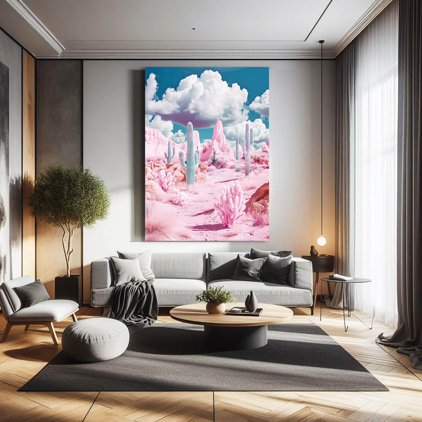 Pink Cloud Desert Cactus Canvas Art – styled in a furnished interior