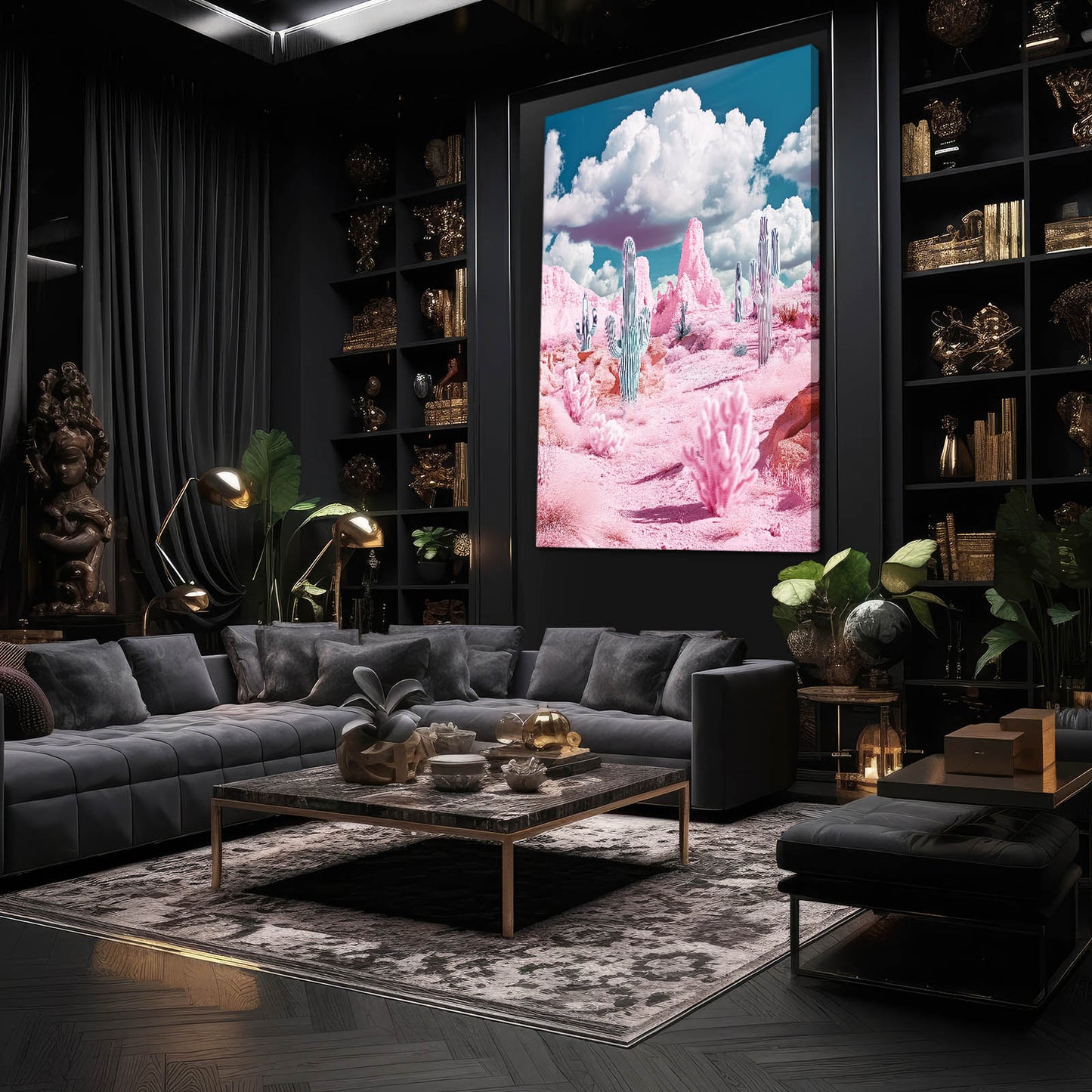 Pink Cloud Desert Cactus Canvas Art – styled in a furnished interior