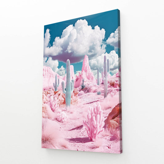 Pink Cloud Desert Cactus Canvas Art – angled canvas view on white background