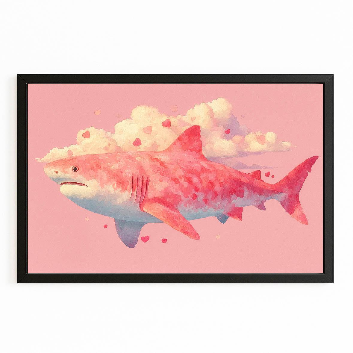 Pink Cloud Dream Shark Canvas Art – with Premium Black frame on white background