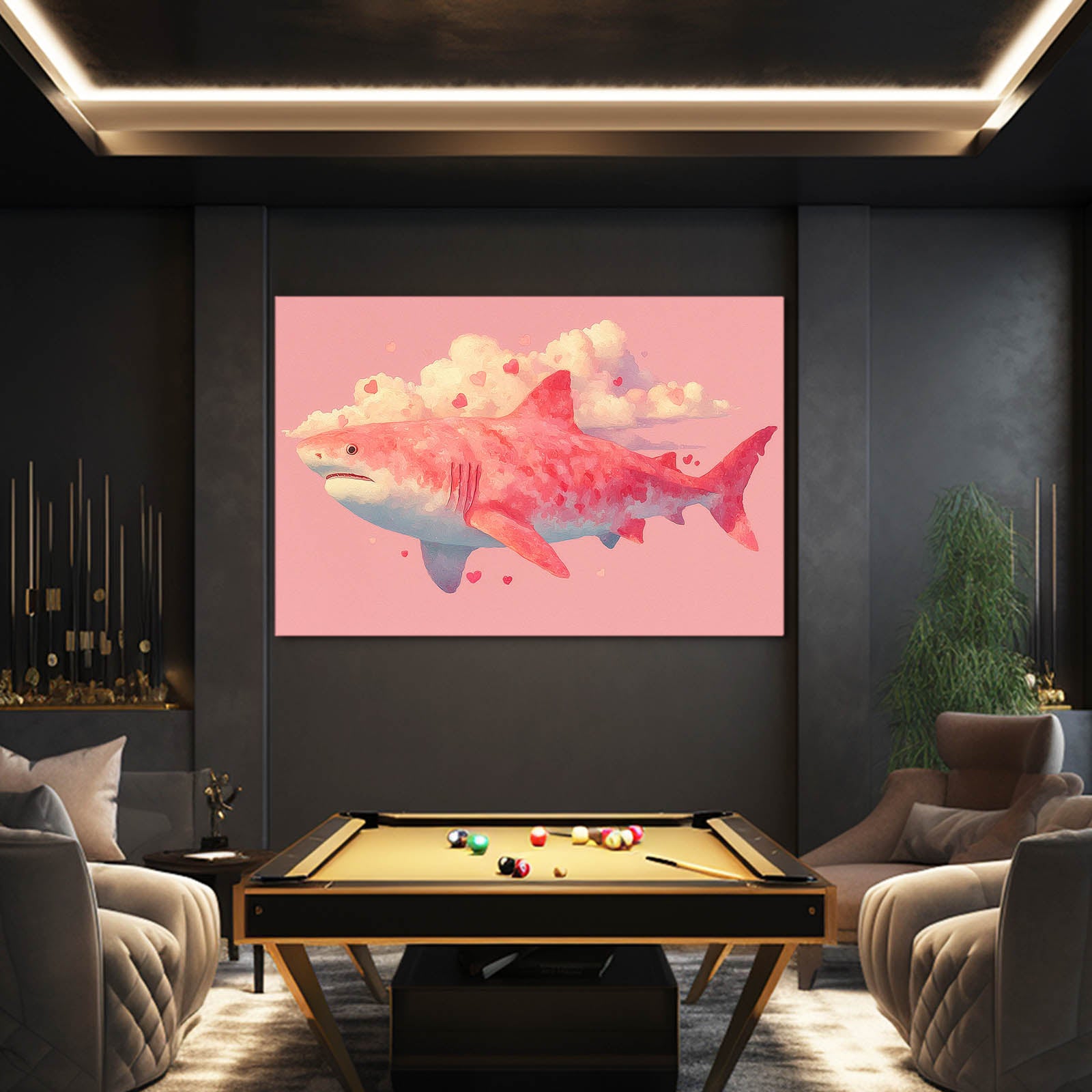 Pink Cloud Dream Shark Canvas Art – styled in a furnished interior