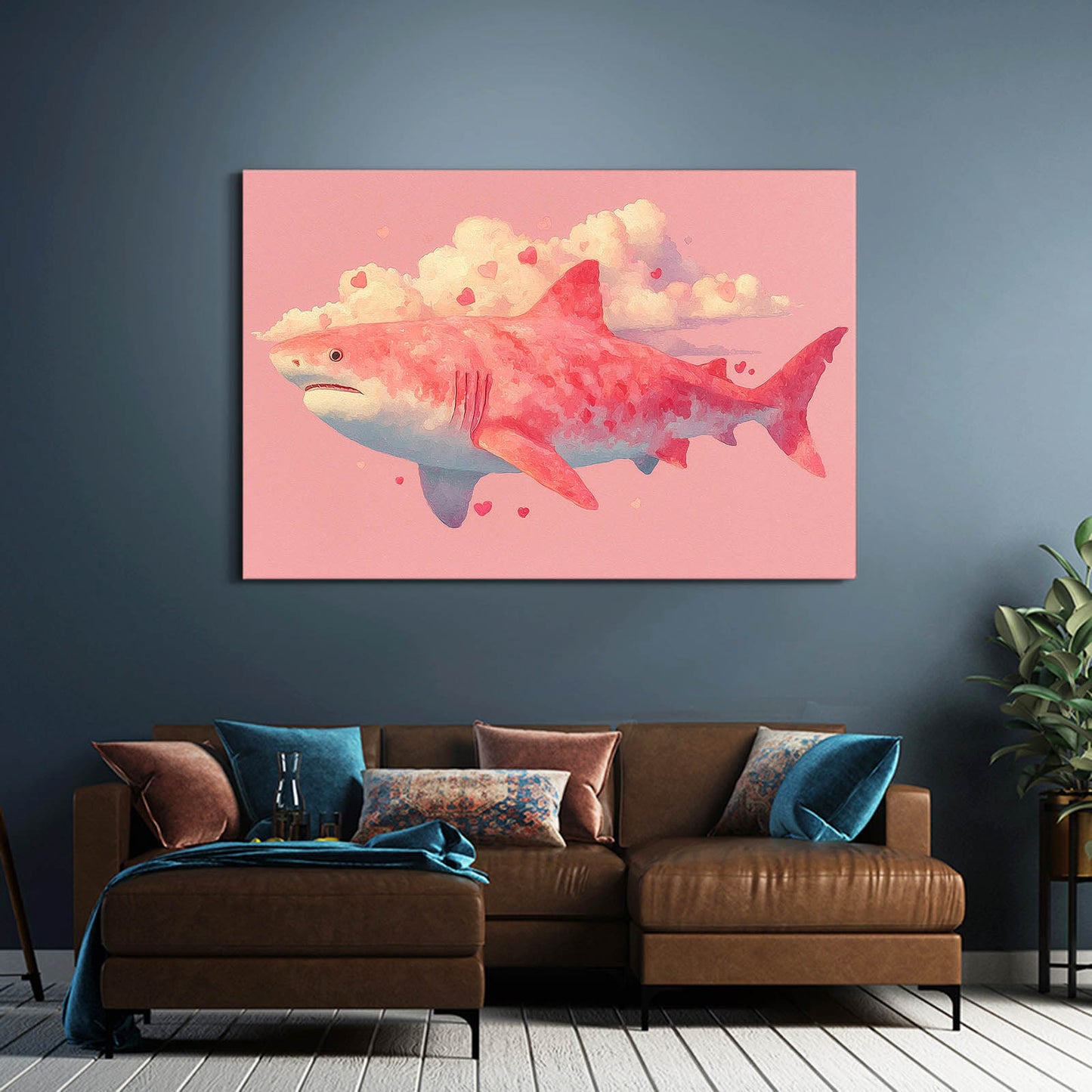Pink Cloud Dream Shark Canvas Art – styled in a furnished interior