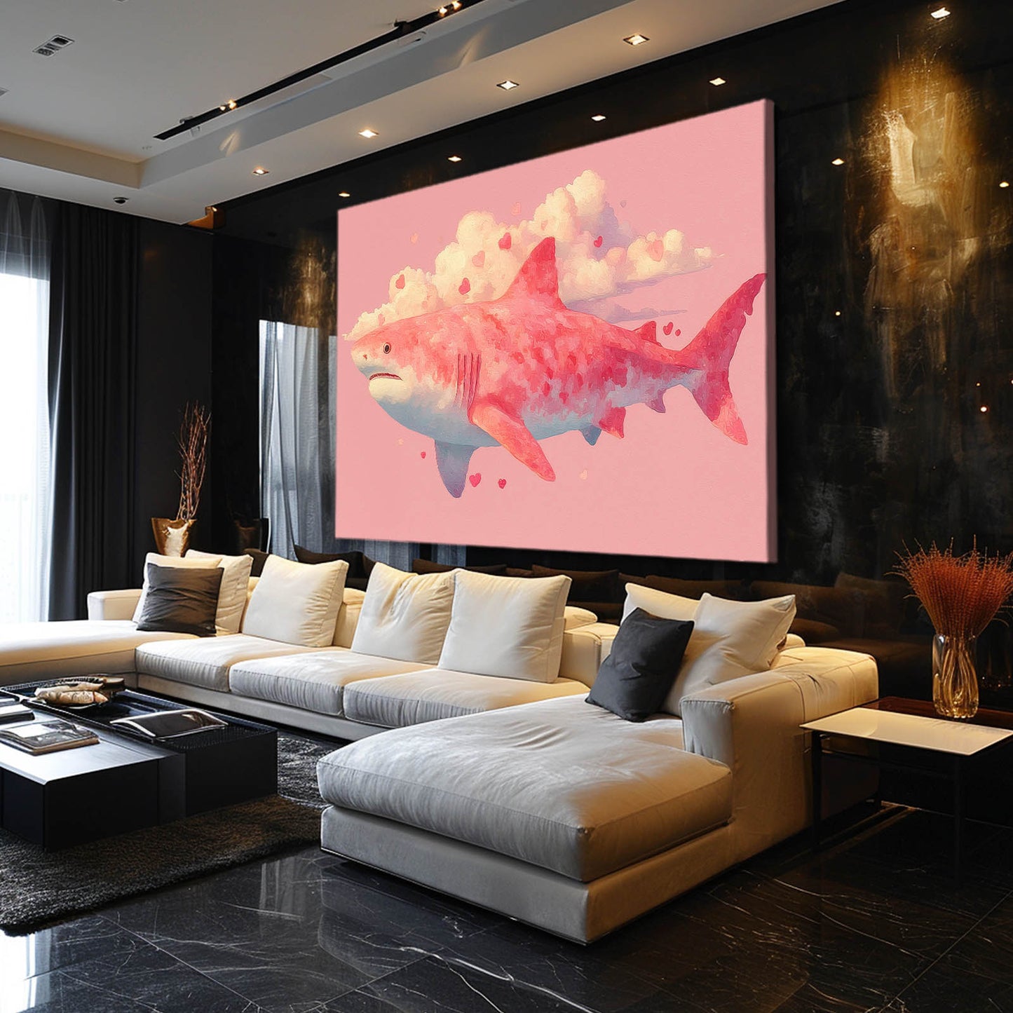 Pink Cloud Dream Shark Canvas Art – styled in a furnished interior