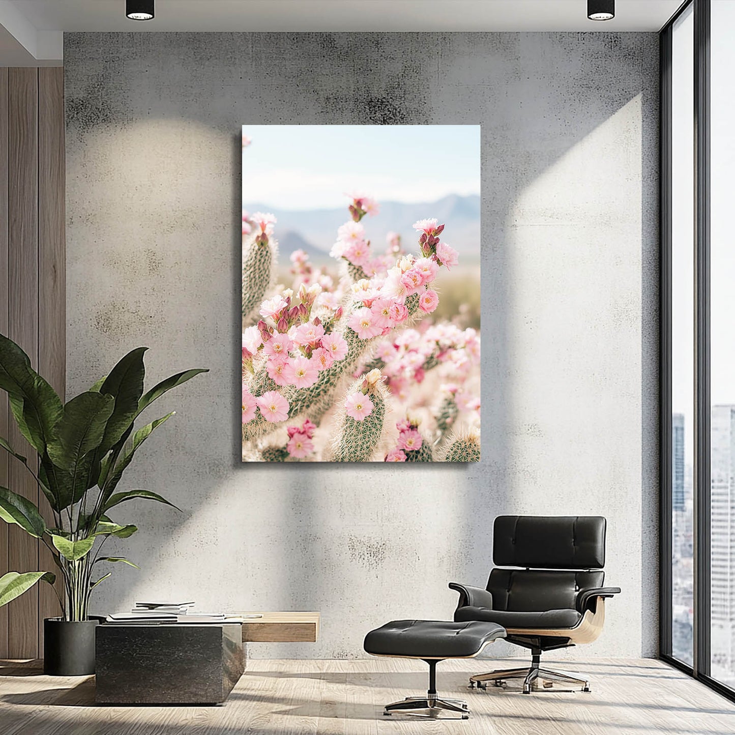 Pink Desert Blossoms Cactus Canvas Art – styled in a furnished interior