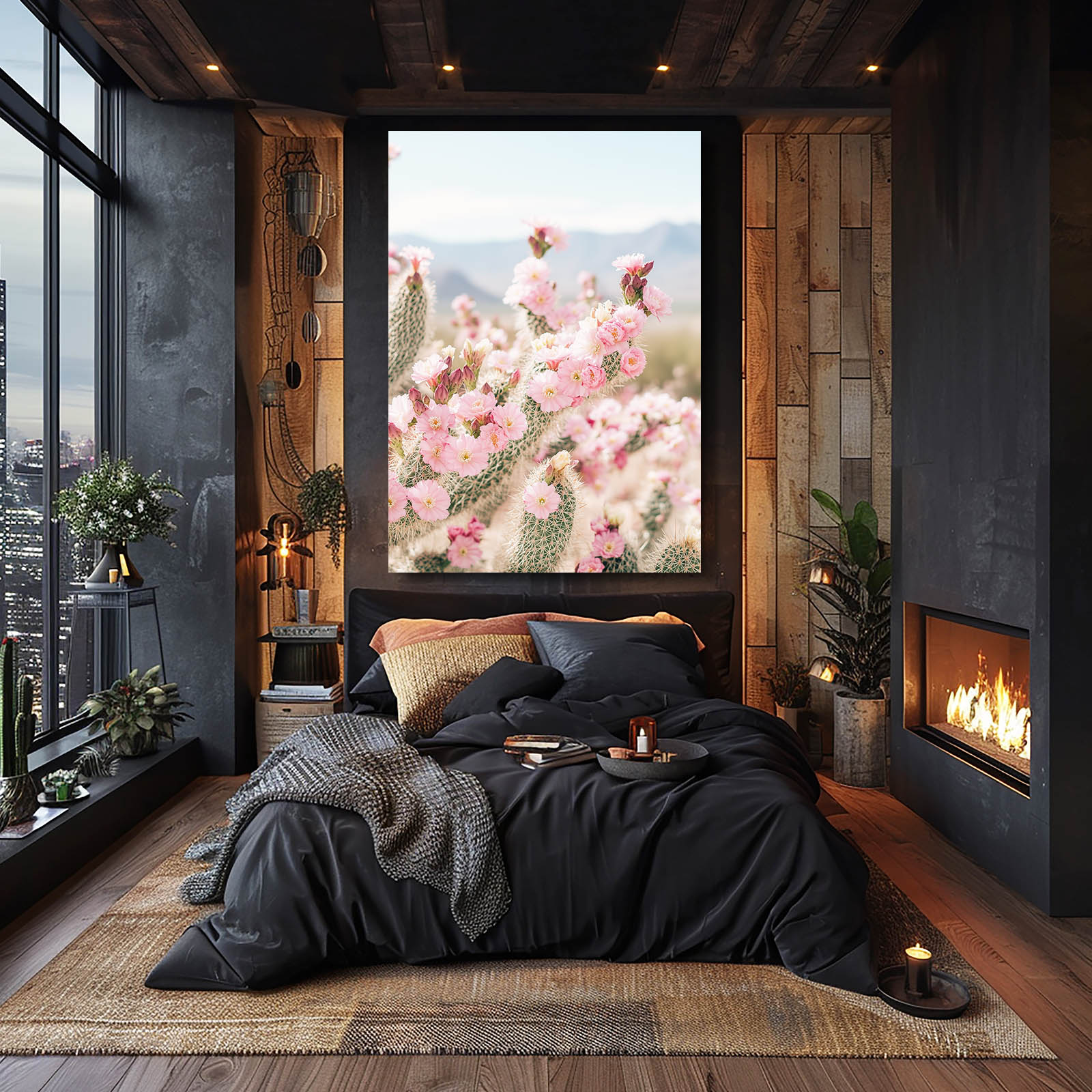 Pink Desert Blossoms Cactus Canvas Art – styled in a furnished interior
