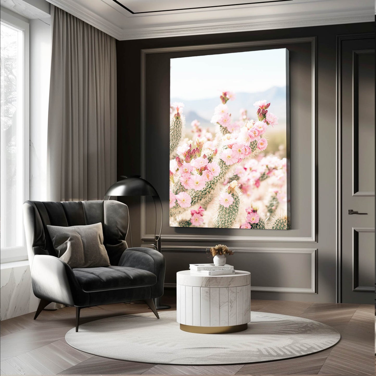 Pink Desert Blossoms Cactus Canvas Art – styled in a furnished interior