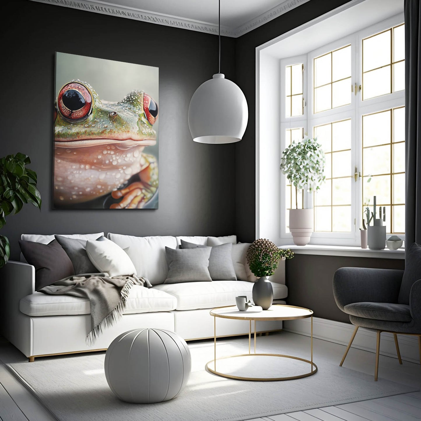 Pink-Eyed Closeup Frog Wall Decor – styled in a furnished interior
