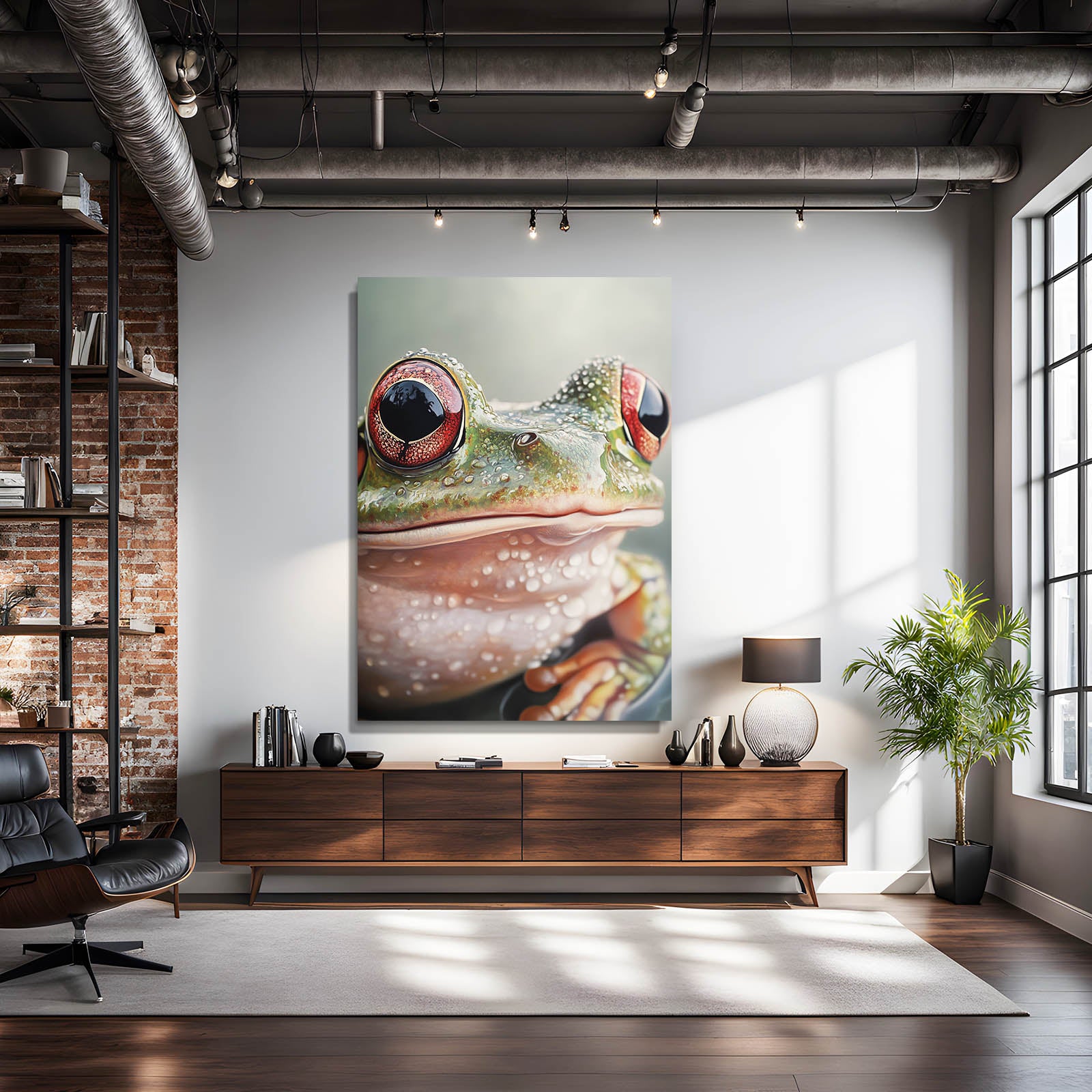 Pink-Eyed Closeup Frog Wall Decor – styled in a furnished interior