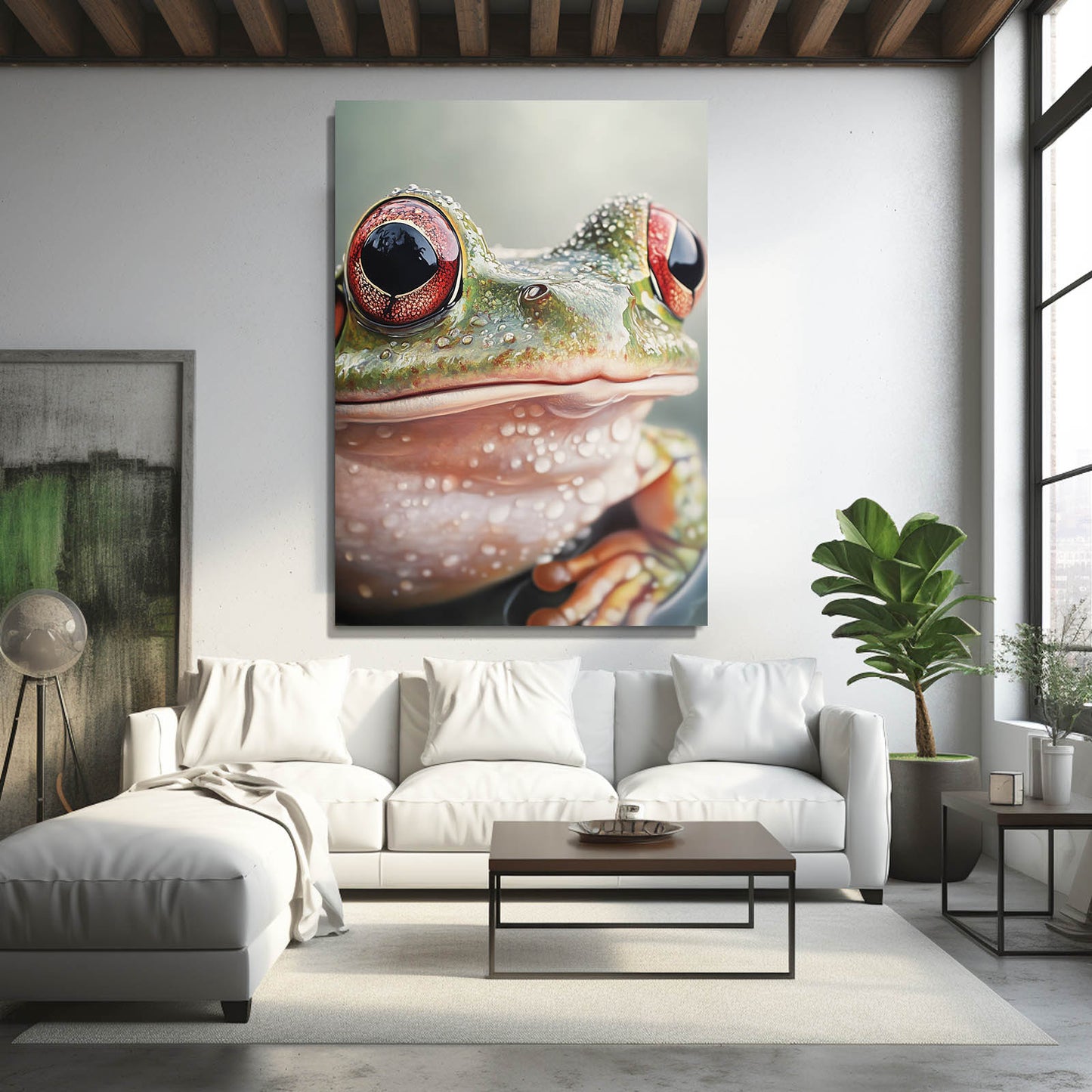 Pink-Eyed Closeup Frog Wall Decor – styled in a furnished interior