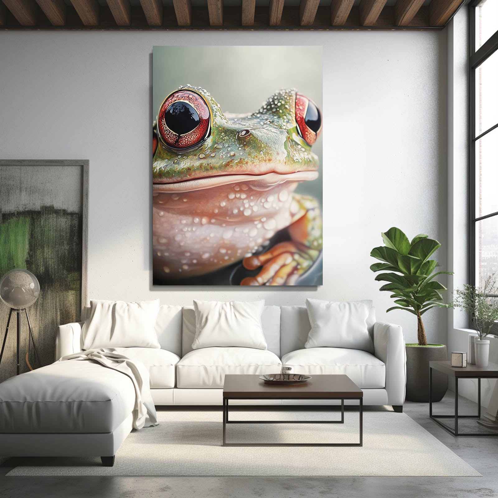 Pink-Eyed Closeup Frog Wall Decor – styled in a furnished interior