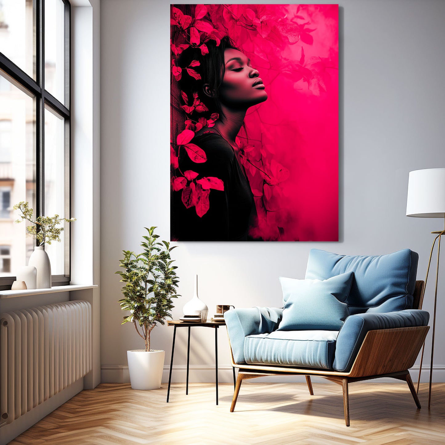 Pink Floral Dark Portrait Photography Art – styled in a furnished interior