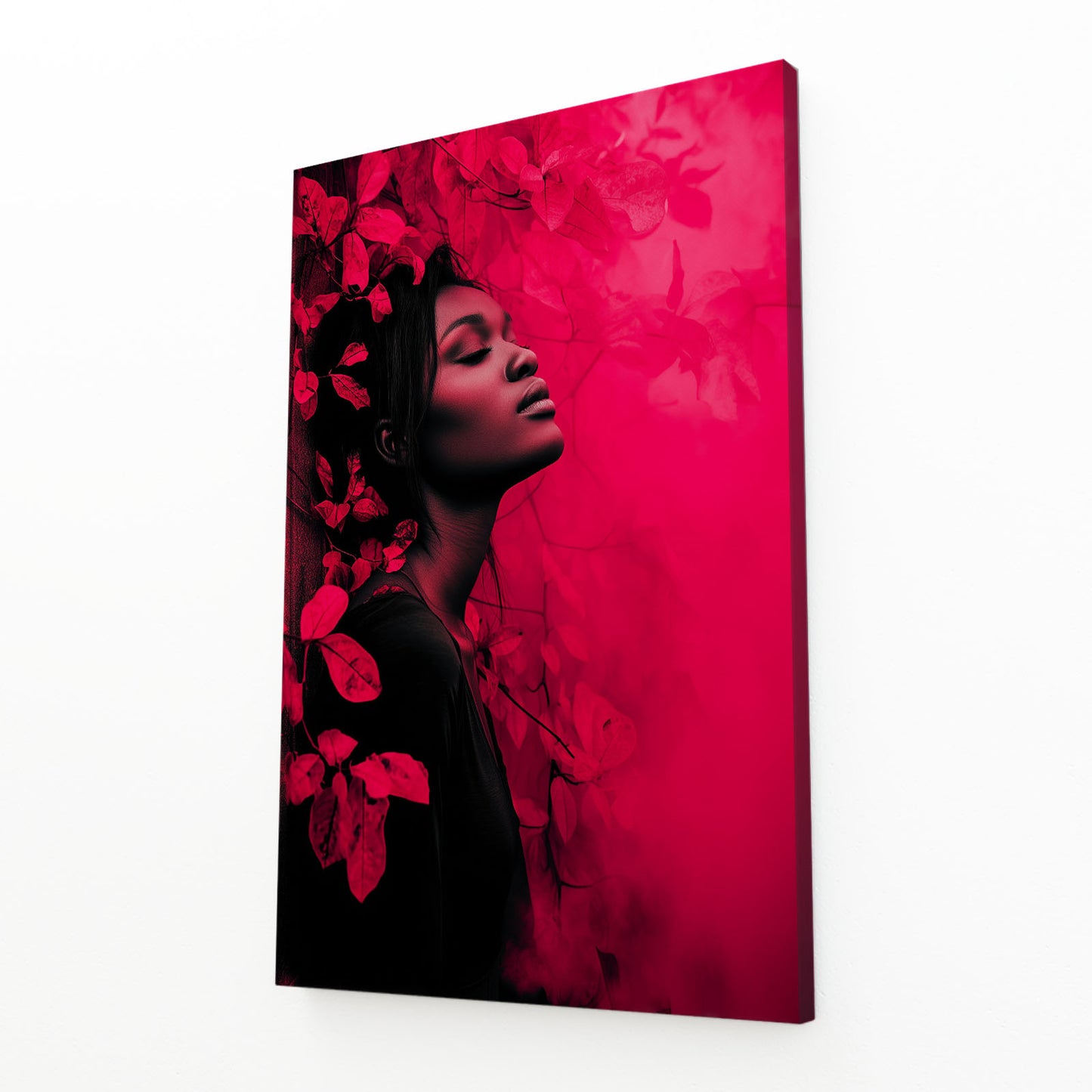 Pink Floral Dark Portrait Photography Art – angled canvas view on white background