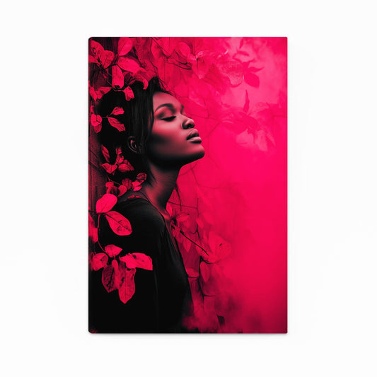 Pink Foliage Profile Photography Print – woman's profile with rose foliage silhouettes on magenta