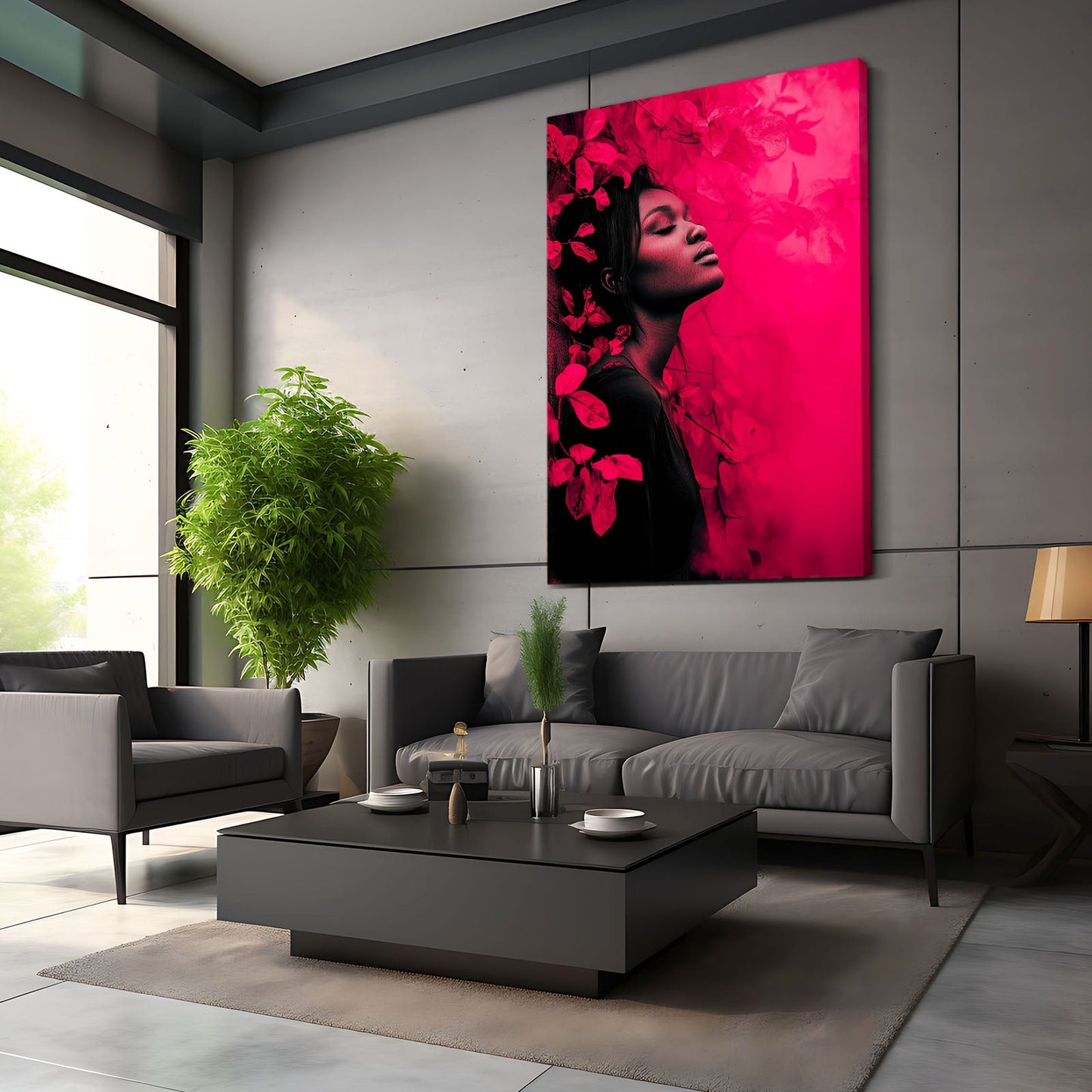 Pink Foliage Profile Photography Print – beside a blue armchair in a sunny loft