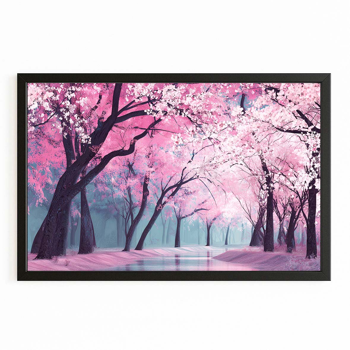 Pink Forest Path Cherry Blossom Canvas – with Premium Black frame on white background