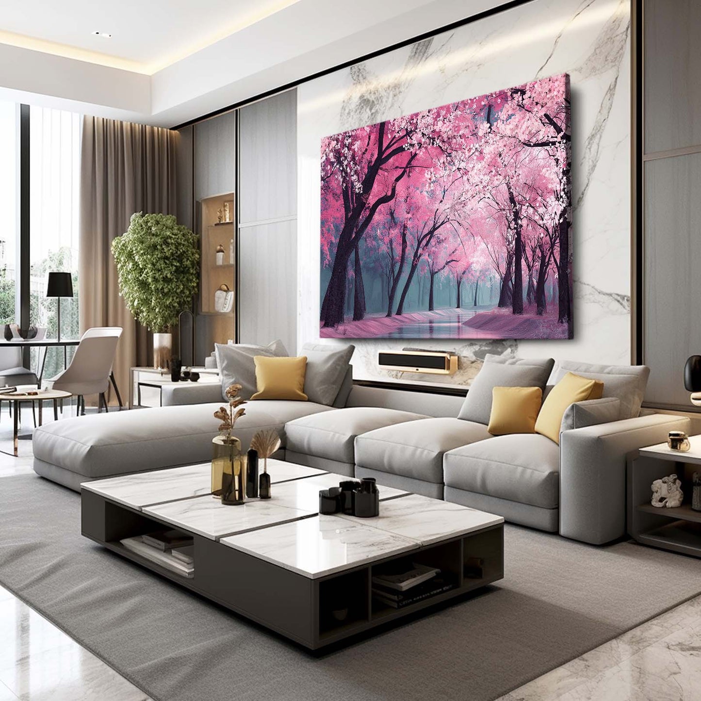 Pink Forest Path Cherry Blossom Canvas – styled in a furnished interior