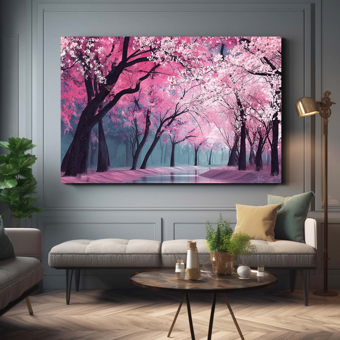 Pink Forest Path Cherry Blossom Canvas – styled in a furnished interior