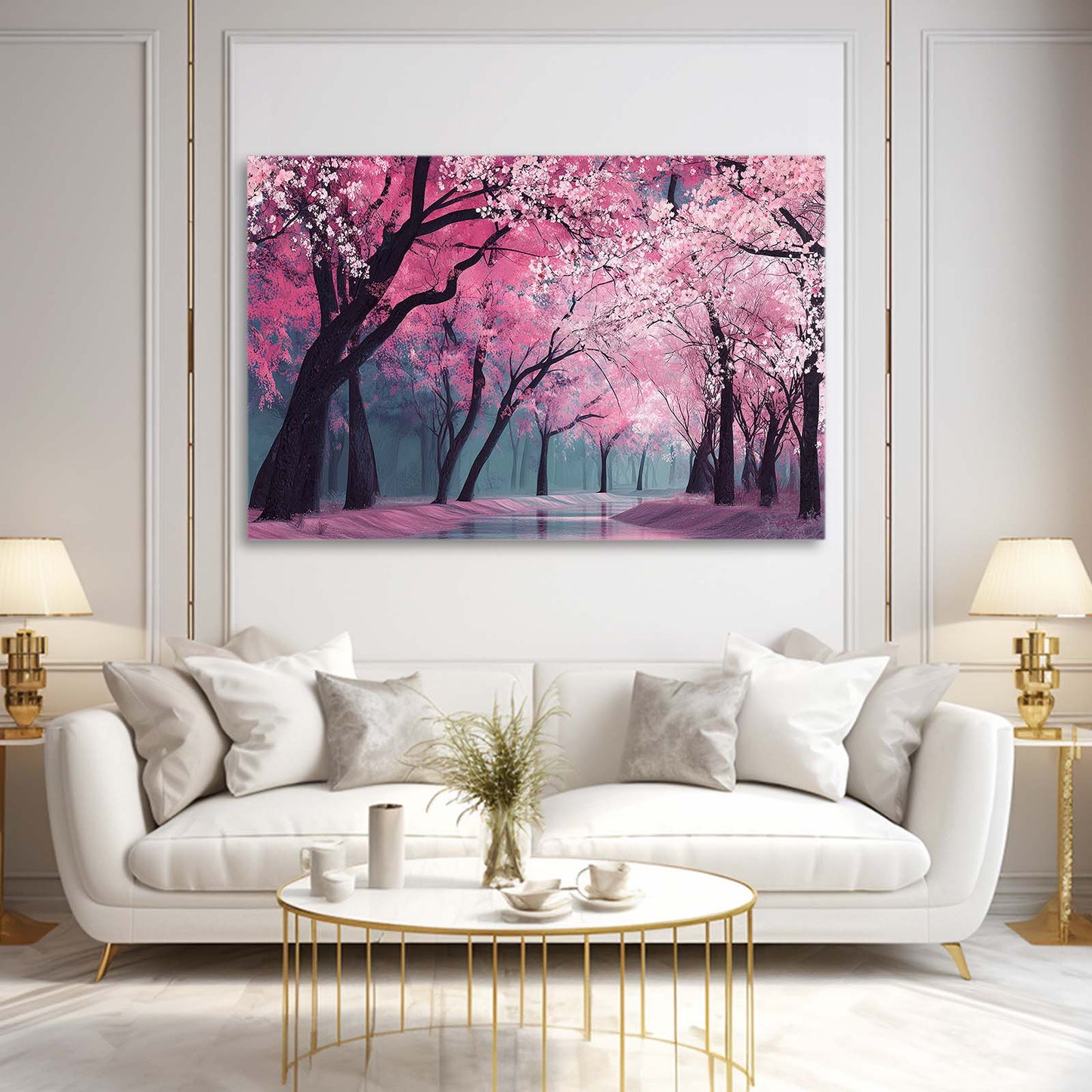 Pink Forest Path Cherry Blossom Canvas – styled in a furnished interior